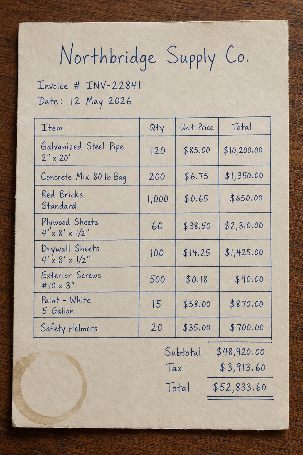 Handwritten invoice from Northbridge Supply Co. for $52,833.60